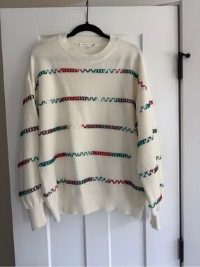 Altar'd State Cream Crewneck Sweater with Red & Teal Stitch Stripes